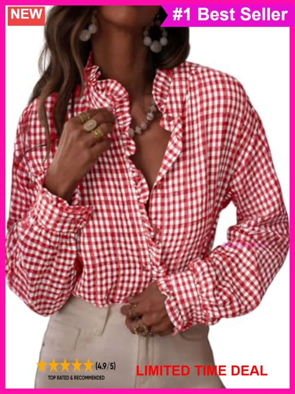 Womens Plaid Ruffle V Neck Button Down Blouse Long Sleeve Checkered Shirt